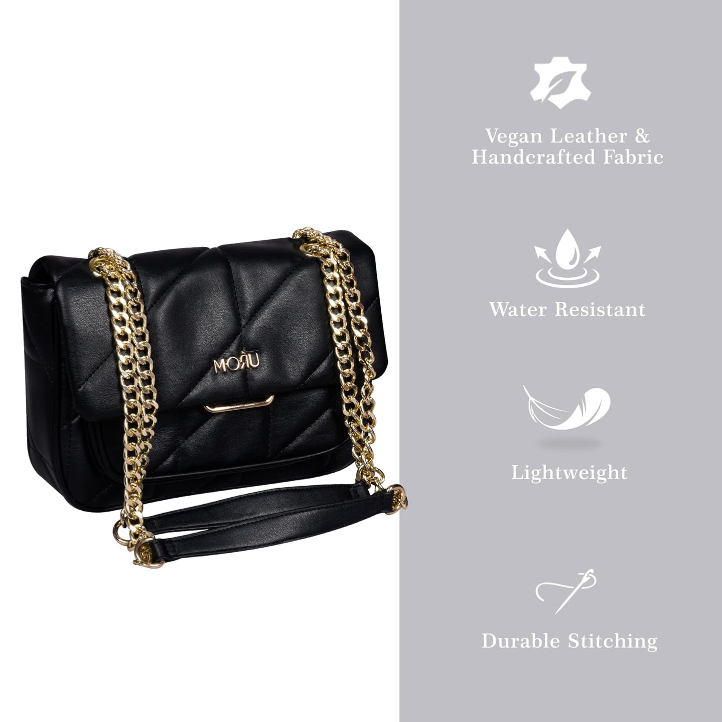 MORU Kuro Black Quilted Shoulder Bag for Women | Vegan Leather Chain Strap Handbag with Magnetic Closure | Elegant Evening & Everyday Purse