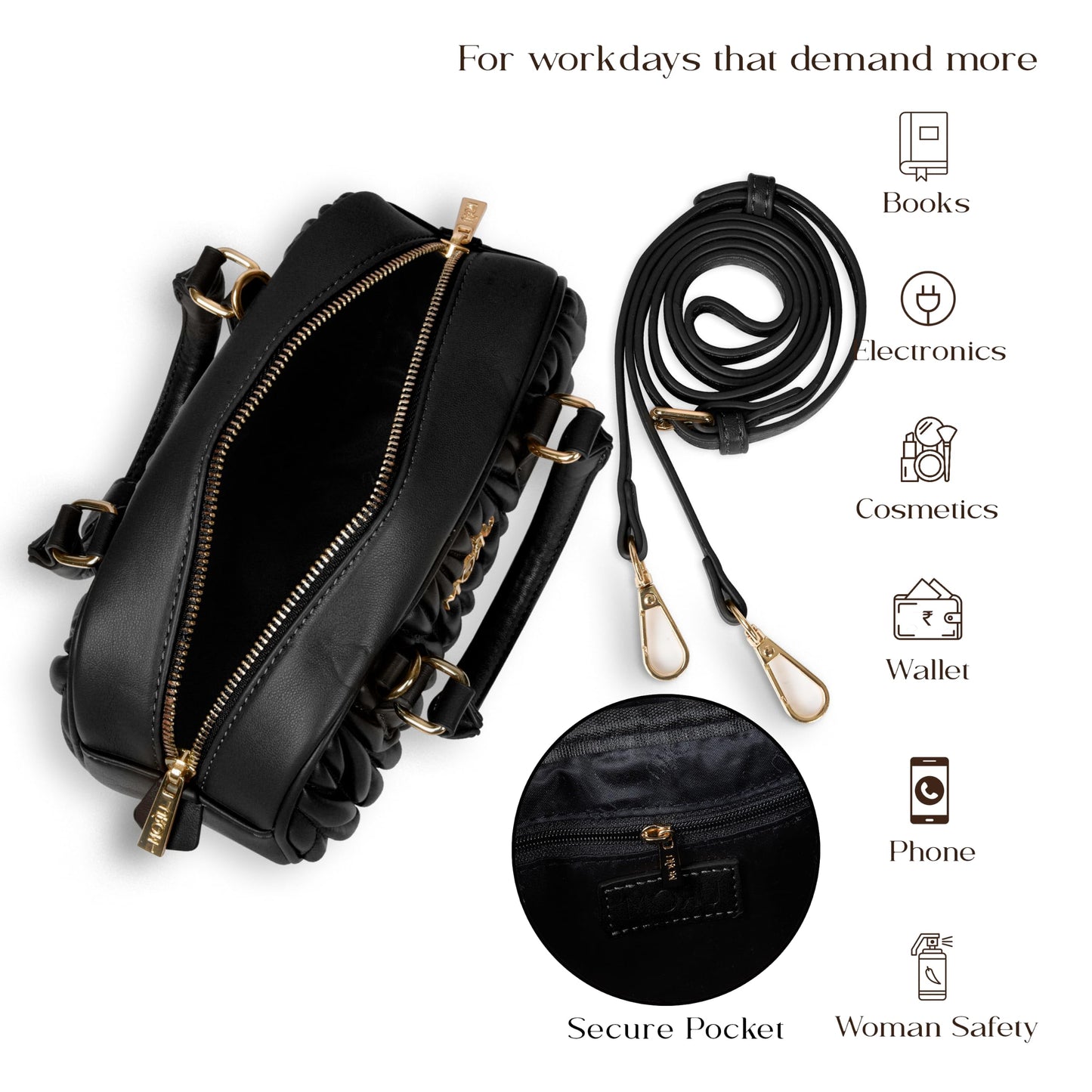 MORU Lumière Quilted Boston Satchel for Women | Premium Quilted PU Leather Handbag | Detachable Adjustable Shoulder Strap | Zip Closure