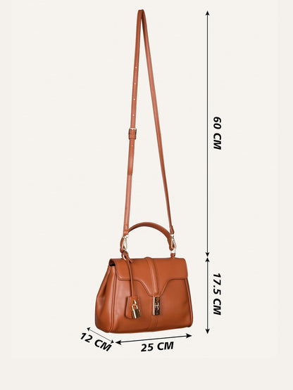 MORU Sienna Lock Satchel Bag for Women | Structured Top Handle Handbag with Detachable Shoulder Strap | Elegant Lock Closure | Caramel Brown