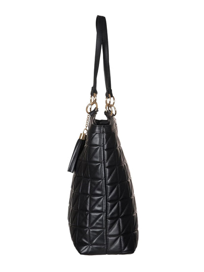 MORU Quilta Nova Tote Bag for Women | Premium Quilted Vegan Leather Shoulder Handbag with Zip Closure | Structured Everyday Tote | Midnight Black