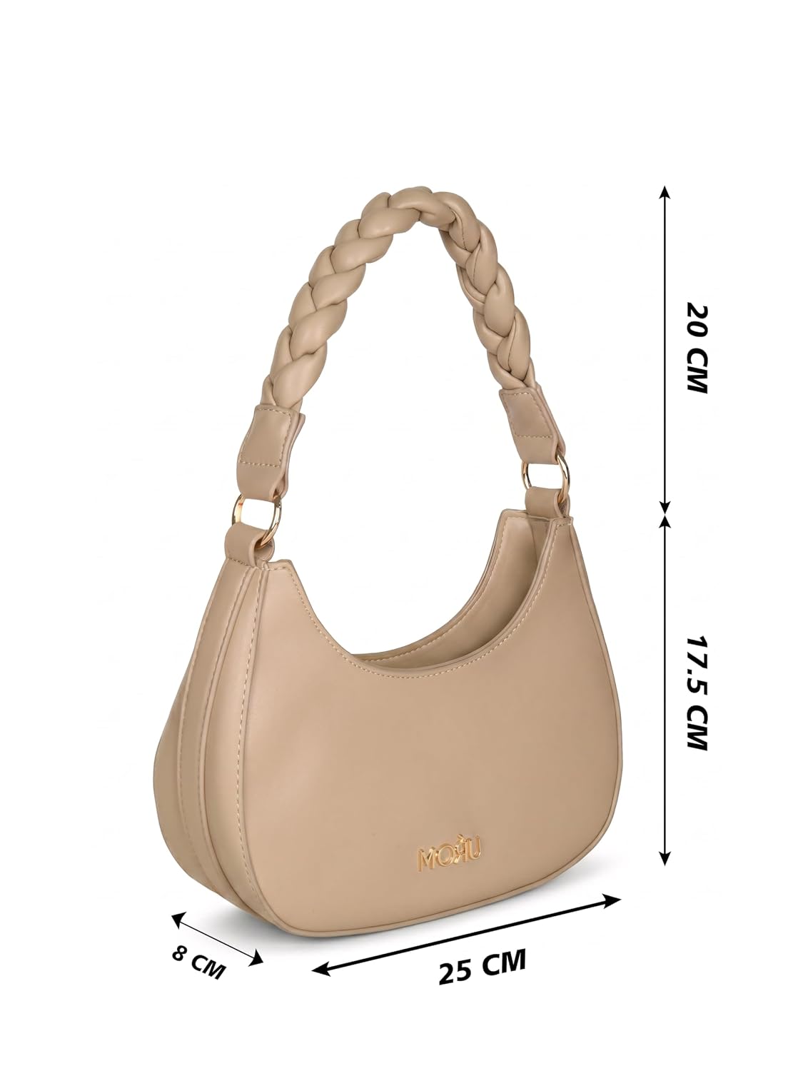 MORU Elara Braided Crescent Shoulder Bag for Women | Stylish Half Moon Hobo Purse | Premium Vegan Leather Handbag with Zipper Closure | Nude Beige