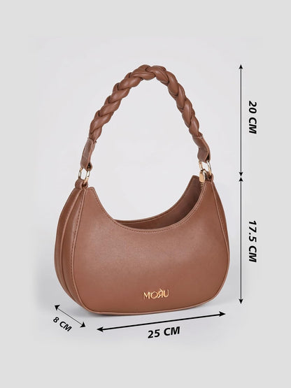 MORU Elara Braided Crescent Shoulder Bag for Women | Stylish Half Moon Hobo Purse | Premium Vegan Leather Handbag with Zipper Closure | Mocha Brown
