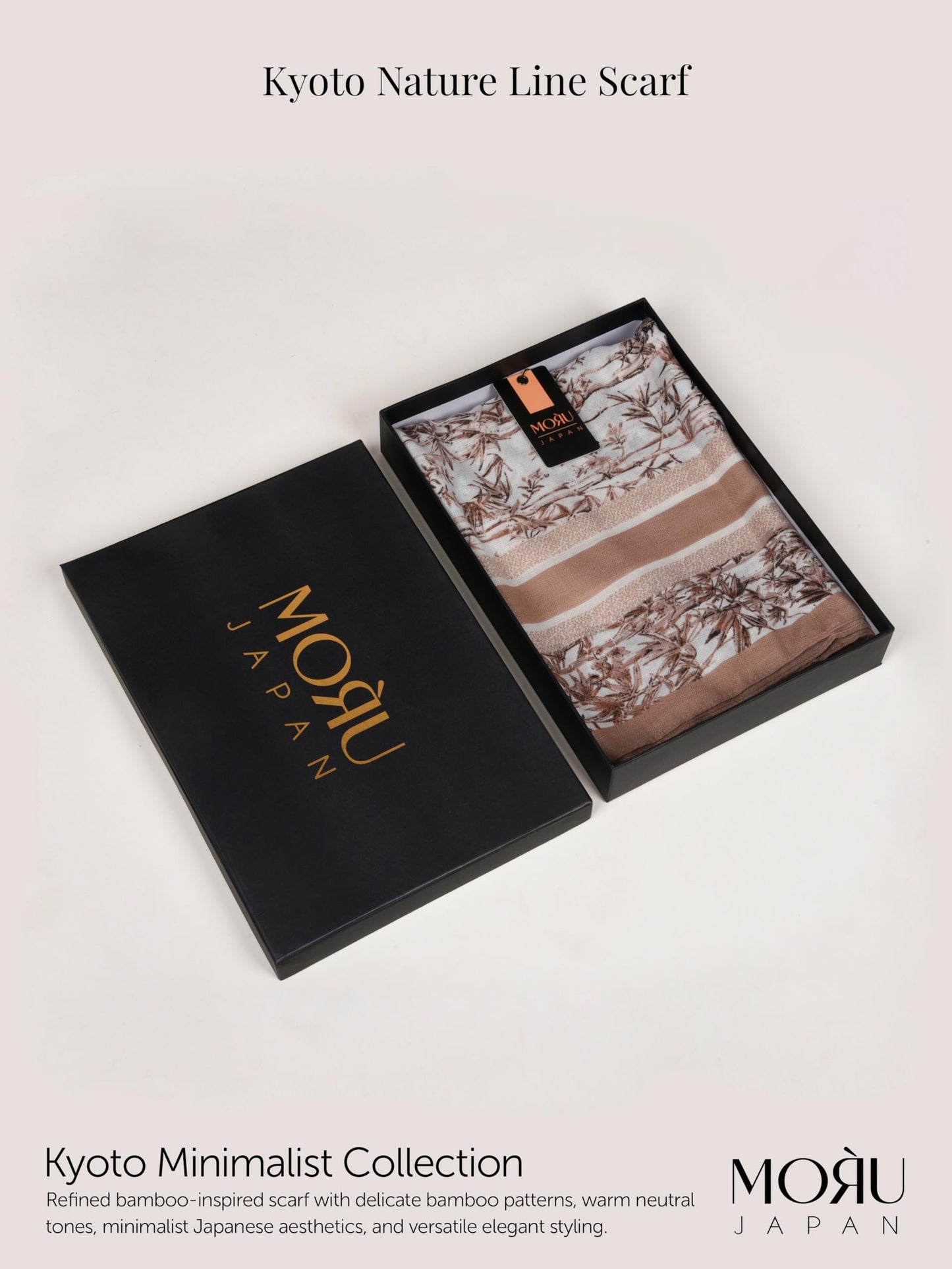 MORU Kyoto Nature Line Women’s Bamboo Print Scarf | Soft Lightweight Beige & Ivory Japanese Inspired Stole | Elegant Minimalist Fashion Wrap for All Seasons