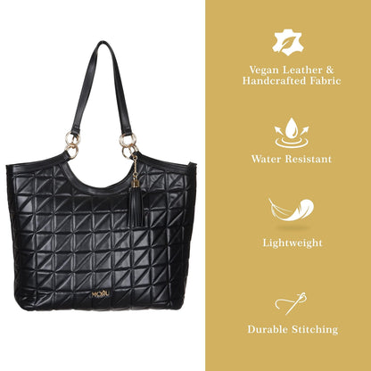 MORU Quilta Nova Tote Bag for Women | Premium Quilted Vegan Leather Shoulder Handbag with Zip Closure | Structured Everyday Tote | Midnight Black