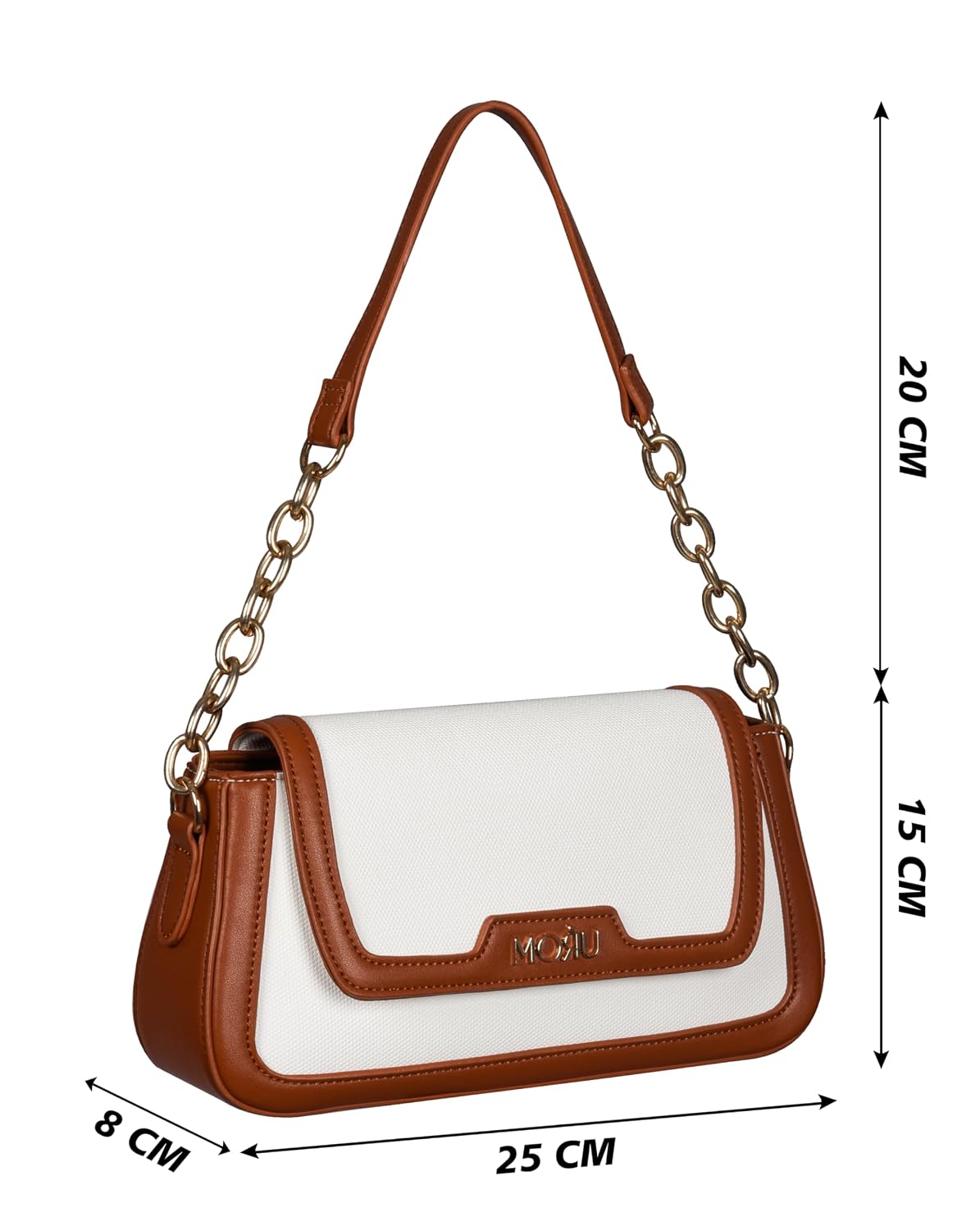 MORU Women’s Café Classic Shoulder Bag | Ivory & Tan Sling with Gold Chain | Vegan Leather, Lightweight & Water Resistant | Elegant Underarm Crossbody Purse for Casual