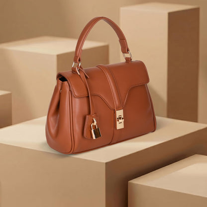 MORU Sienna Lock Satchel Bag for Women | Structured Top Handle Handbag with Detachable Shoulder Strap | Elegant Lock Closure | Caramel Brown