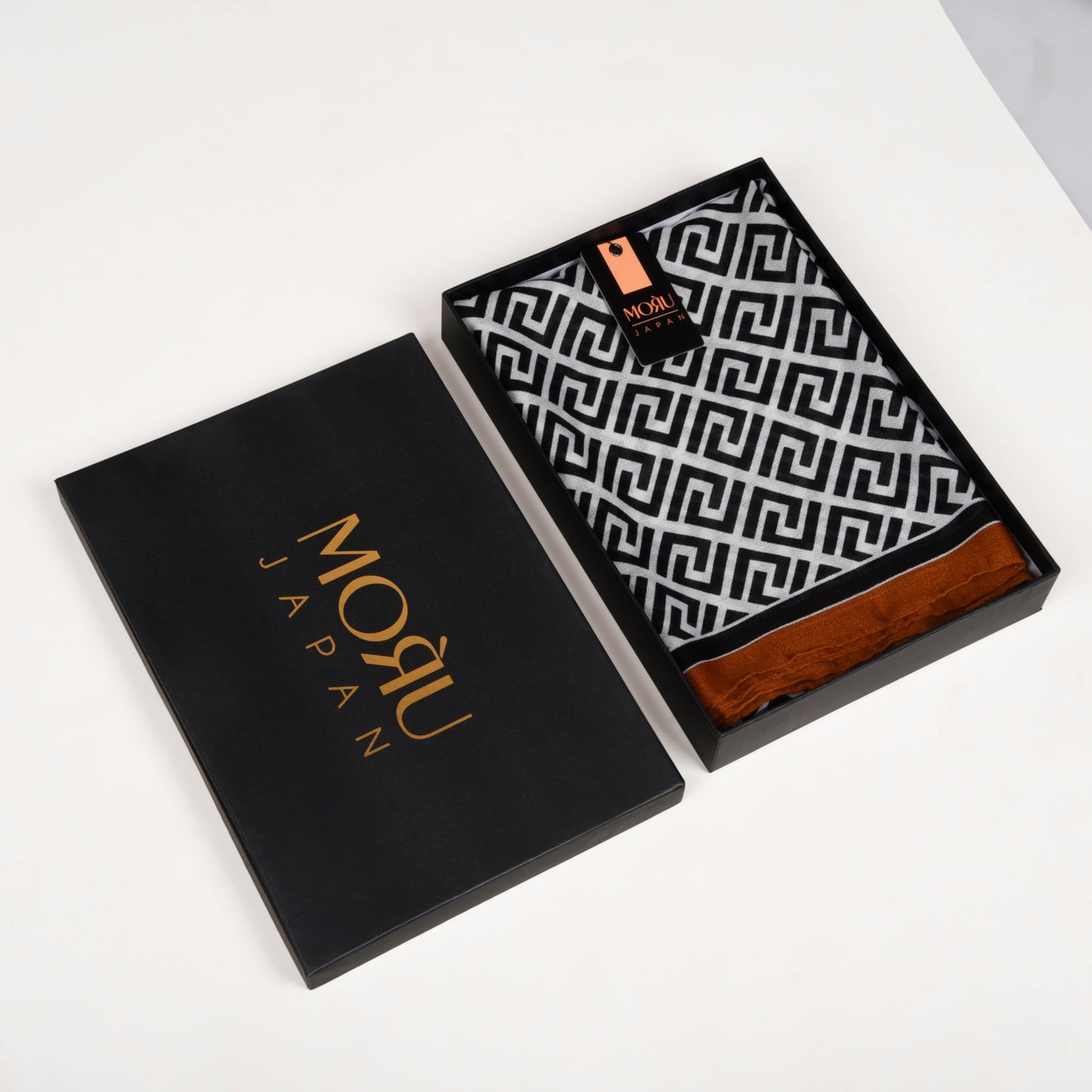 MORU Kyoto Luxe Women’s Ember Chevron Geometric Scarf | Lightweight Wrap Stole in Brown & Orange Pattern | Designer-Inspired Fashion Accessory