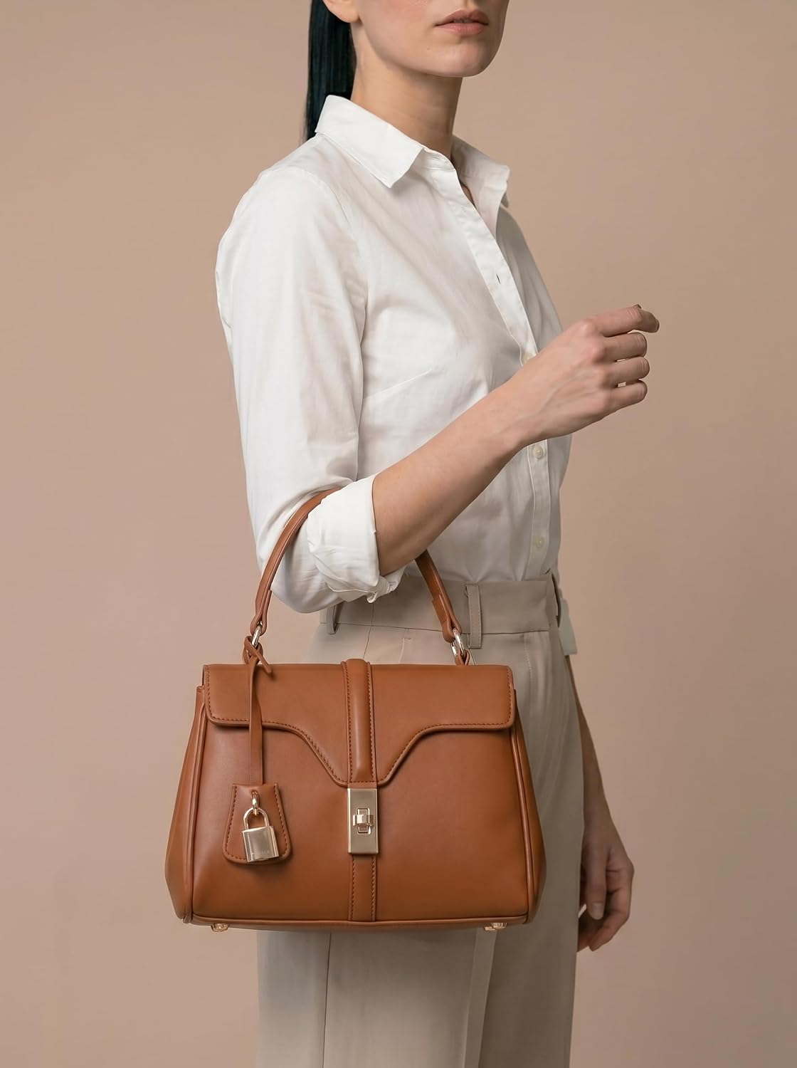 MORU Sienna Lock Satchel Bag for Women | Structured Top Handle Handbag with Detachable Shoulder Strap | Elegant Lock Closure | Caramel Brown