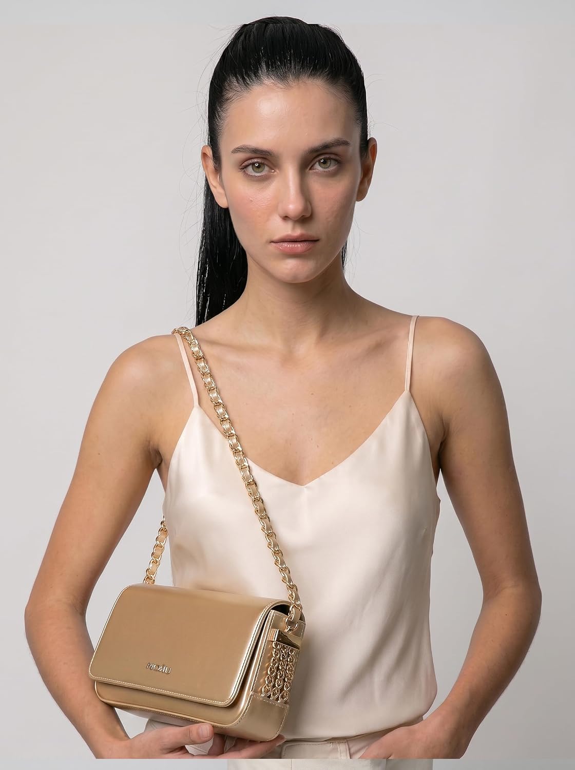 MORU Shoulder Bag for Women | Premium PU Leather Chain Shoulder Bag | Gold Evening Party Handbag | Magnetic Flap Closure | Ladies Crossbody Purse for Wedding, Party & Daily Use
