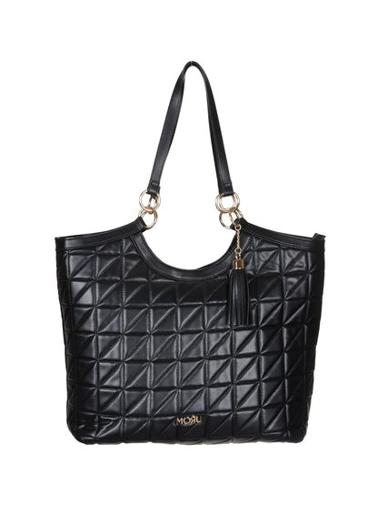 MORU Quilta Nova Tote Bag for Women | Premium Quilted Vegan Leather Shoulder Handbag with Zip Closure | Structured Everyday Tote | Midnight Black