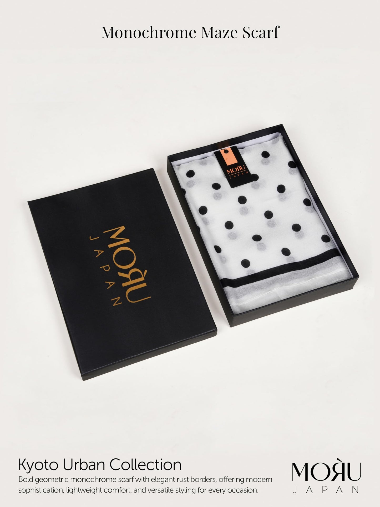 MORU Kyoto Chic Women’s Polka Dot Scarf | Soft Lightweight Black & White Monochrome Printed Stole | Elegant Minimal Fashion Wrap for All Seasons