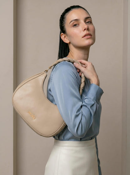MORU Elara Braided Crescent Shoulder Bag for Women | Stylish Half Moon Hobo Purse | Premium Vegan Leather Handbag with Zipper Closure