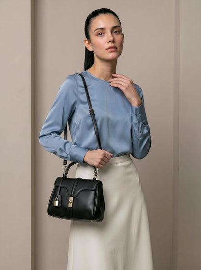 MORU Sienna Lock Satchel Bag for Women | Structured Top Handle Handbag with Detachable Shoulder Strap | Elegant Lock Closure | Midnight Black