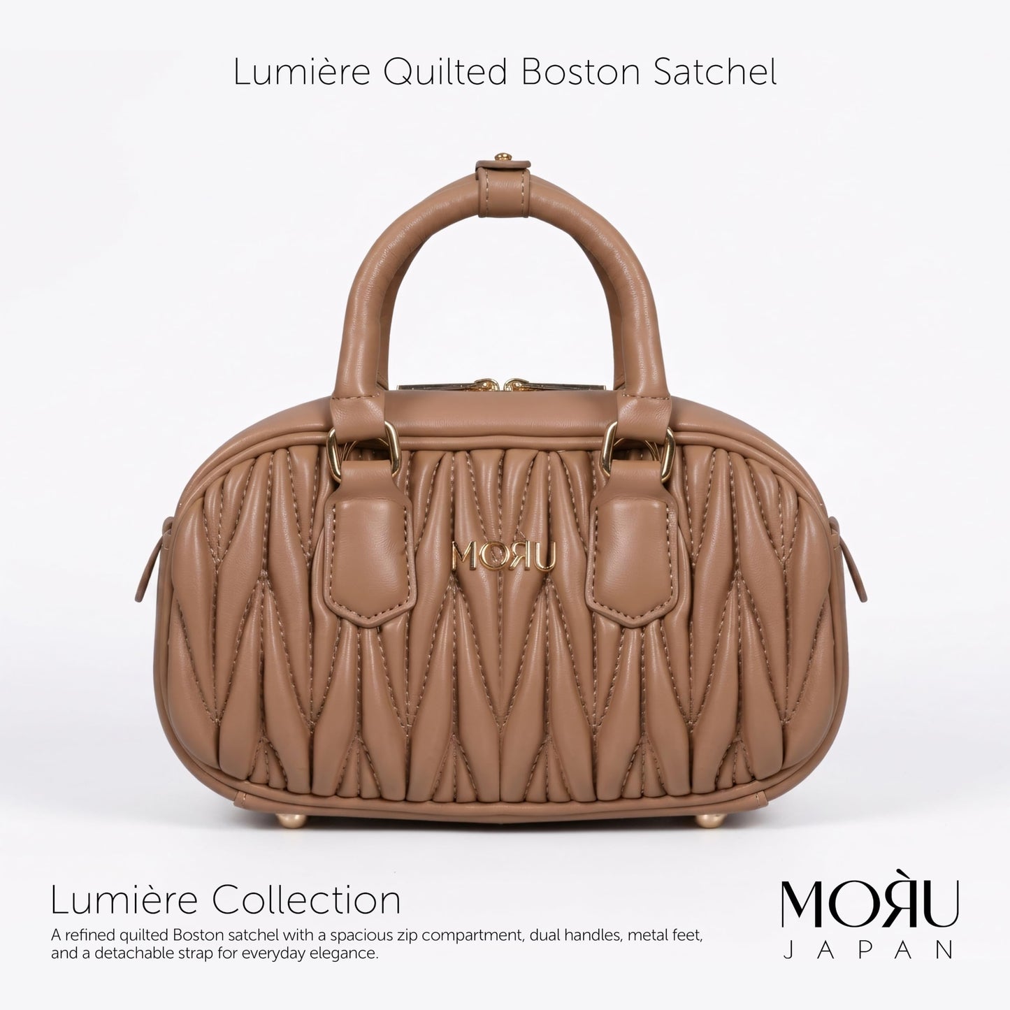 MORU Lumière Quilted Boston Satchel for Women | Premium Quilted PU Leather Handbag | Detachable Adjustable Shoulder Strap | Zip Closure