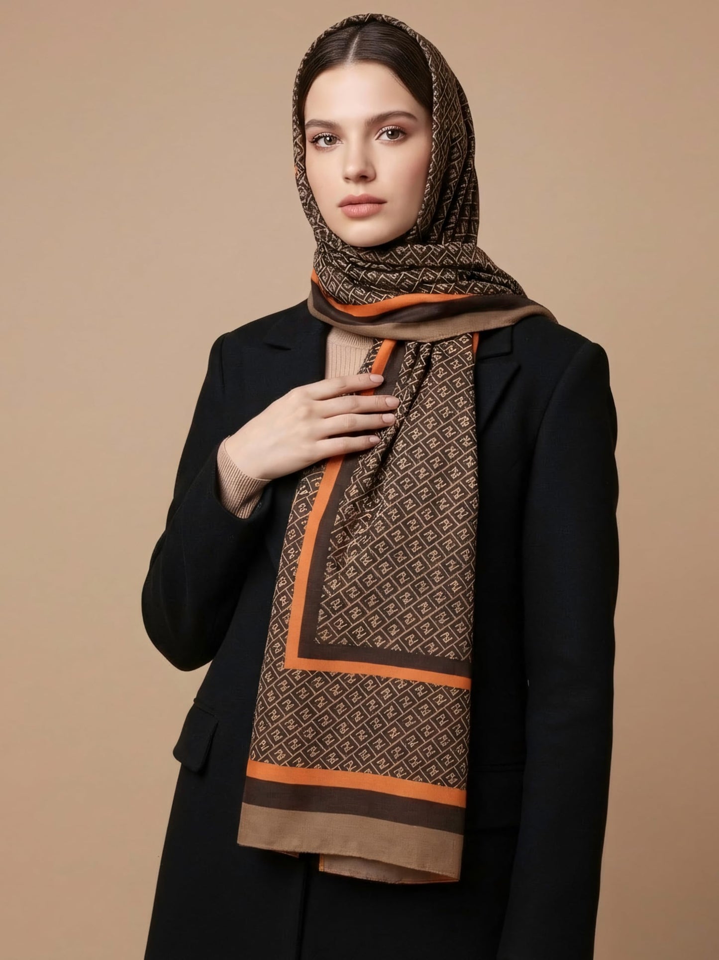 MORU Kyoto Luxe Women’s Ember Chevron Geometric Scarf | Lightweight Wrap Stole in Brown & Orange Pattern | Designer-Inspired Fashion Accessory