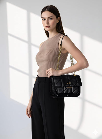 MORU Kuro Black Quilted Shoulder Bag for Women | Vegan Leather Chain Strap Handbag with Magnetic Closure | Elegant Evening & Everyday Purse