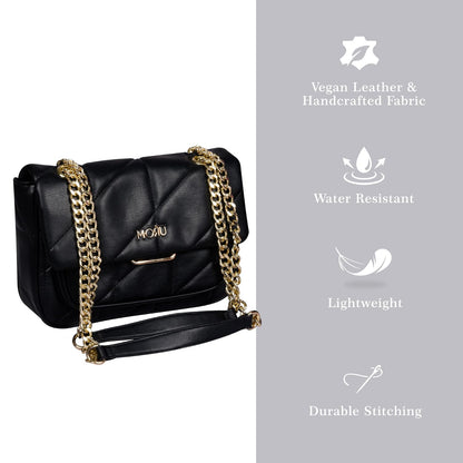 MORU Kuro Black Quilted Shoulder Bag for Women | Vegan Leather Chain Strap Handbag with Magnetic Closure | Elegant Evening & Everyday Purse