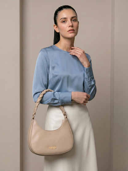 MORU Elara Braided Crescent Shoulder Bag for Women | Stylish Half Moon Hobo Purse | Premium Vegan Leather Handbag with Zipper Closure | Nude Beige