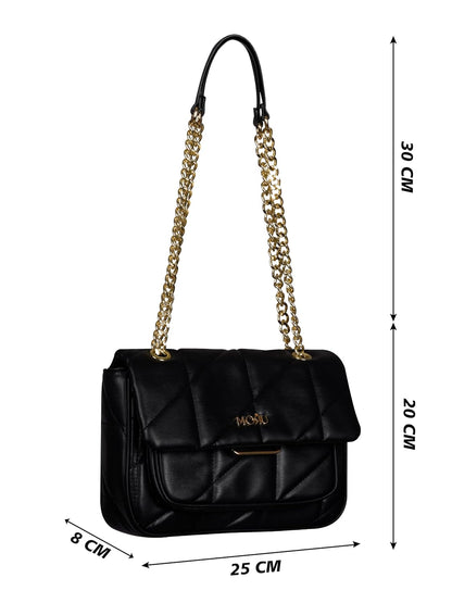 MORU Kuro Black Quilted Shoulder Bag for Women | Vegan Leather Chain Strap Handbag with Magnetic Closure | Elegant Evening & Everyday Purse