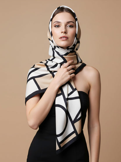 MORU Kyoto Grid Scarf for Women | Lightweight Geometric Printed Stole & Shawl for Women | Soft Long Fashion Wrap Scarf for Casual, Office, Travel & Winter Styling | Brown Beige White Minimalist Design