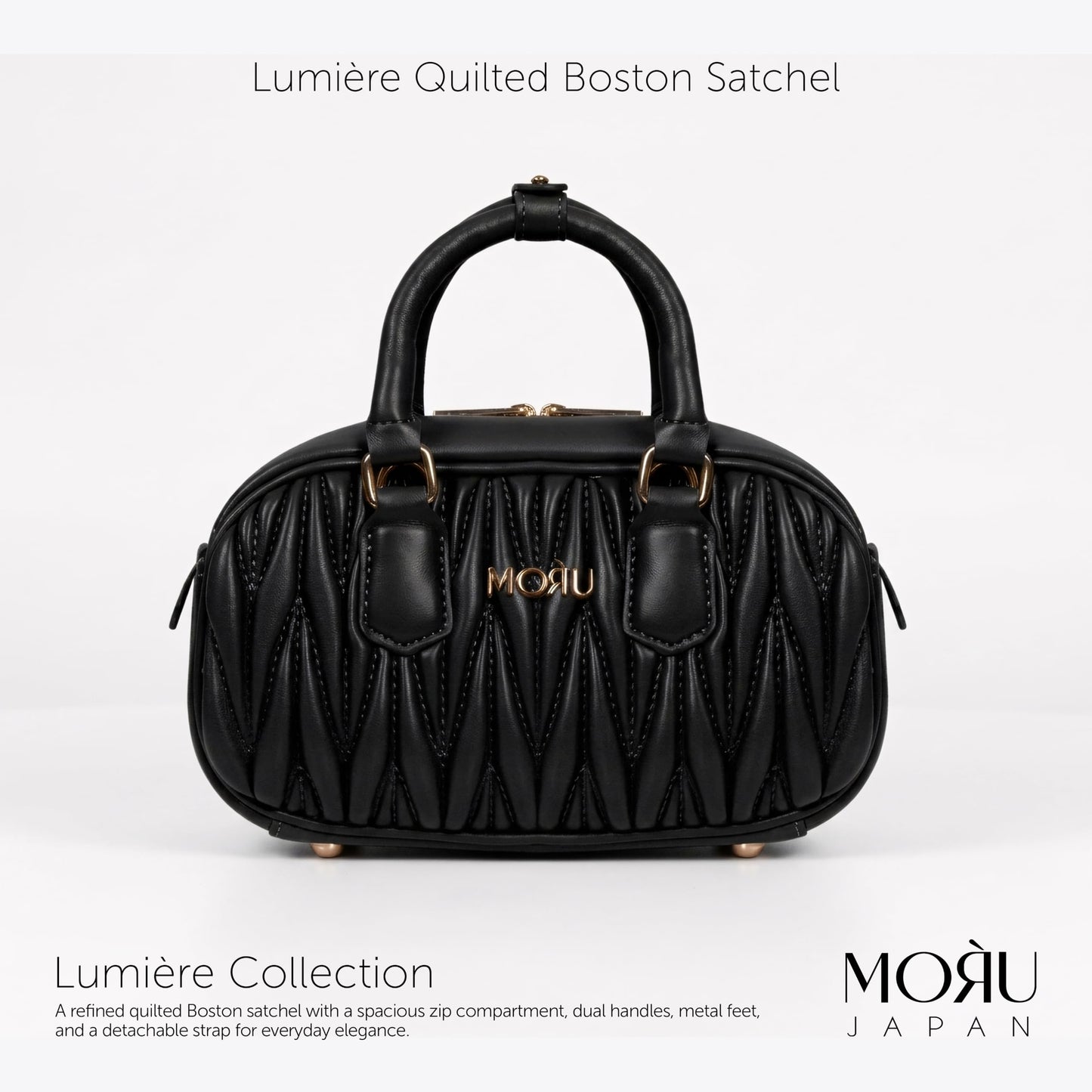 MORU Lumière Quilted Boston Satchel for Women | Premium Quilted PU Leather Handbag | Detachable Adjustable Shoulder Strap | Zip Closure