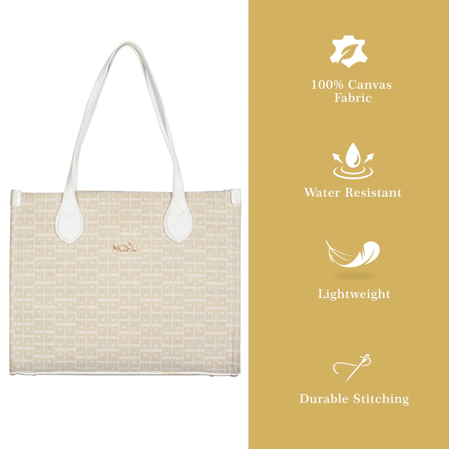 MORU Winter Grid Classic Beige Canvas Tote Bag for Women | Large Work & Travel Handbag | Fits MacBook Pro 14”, MacBook Air 13” & 15” | Shoulder & Crossbody Office Bag