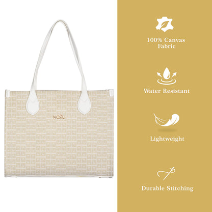 MORU Winter Grid Classic Beige Canvas Tote Bag for Women | Large Work & Travel Handbag | Fits MacBook Pro 14”, MacBook Air 13” & 15” | Shoulder & Crossbody Office Bag
