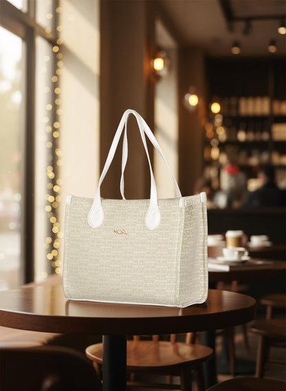 MORU Winter Grid Classic Beige Canvas Tote Bag for Women | Large Work & Travel Handbag | Fits MacBook Pro 14”, MacBook Air 13” & 15” | Shoulder & Crossbody Office Bag