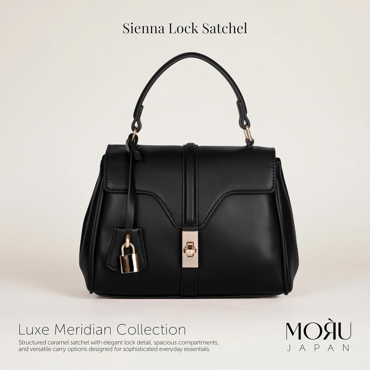 MORU Sienna Lock Satchel Bag for Women | Structured Top Handle Handbag with Detachable Shoulder Strap | Elegant Lock Closure | Midnight Black