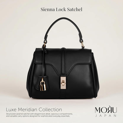 MORU Sienna Lock Satchel Bag for Women | Structured Top Handle Handbag with Detachable Shoulder Strap | Elegant Lock Closure | Midnight Black