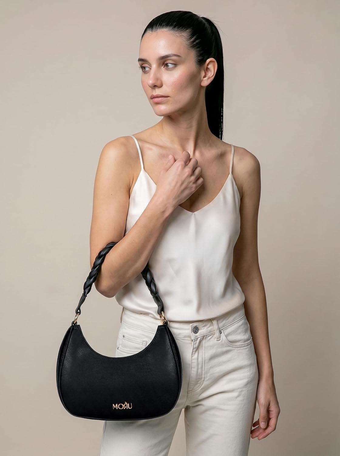 MORU Elara Braided Crescent Shoulder Bag for Women | Stylish Half Moon Hobo Purse | Premium Vegan Leather Handbag with Zipper Closure | Black