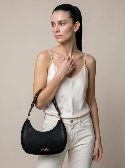 MORU Elara Braided Crescent Shoulder Bag for Women | Stylish Half Moon Hobo Purse | Premium Vegan Leather Handbag with Zipper Closure