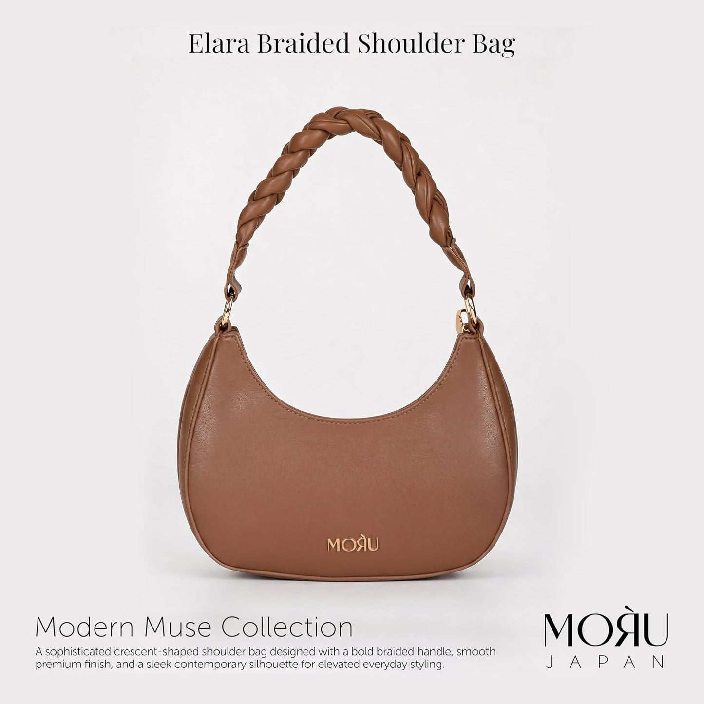 MORU Elara Braided Crescent Shoulder Bag for Women | Stylish Half Moon Hobo Purse | Premium Vegan Leather Handbag with Zipper Closure | Mocha Brown