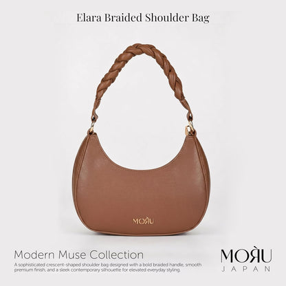 MORU Elara Braided Crescent Shoulder Bag for Women | Stylish Half Moon Hobo Purse | Premium Vegan Leather Handbag with Zipper Closure | Mocha Brown