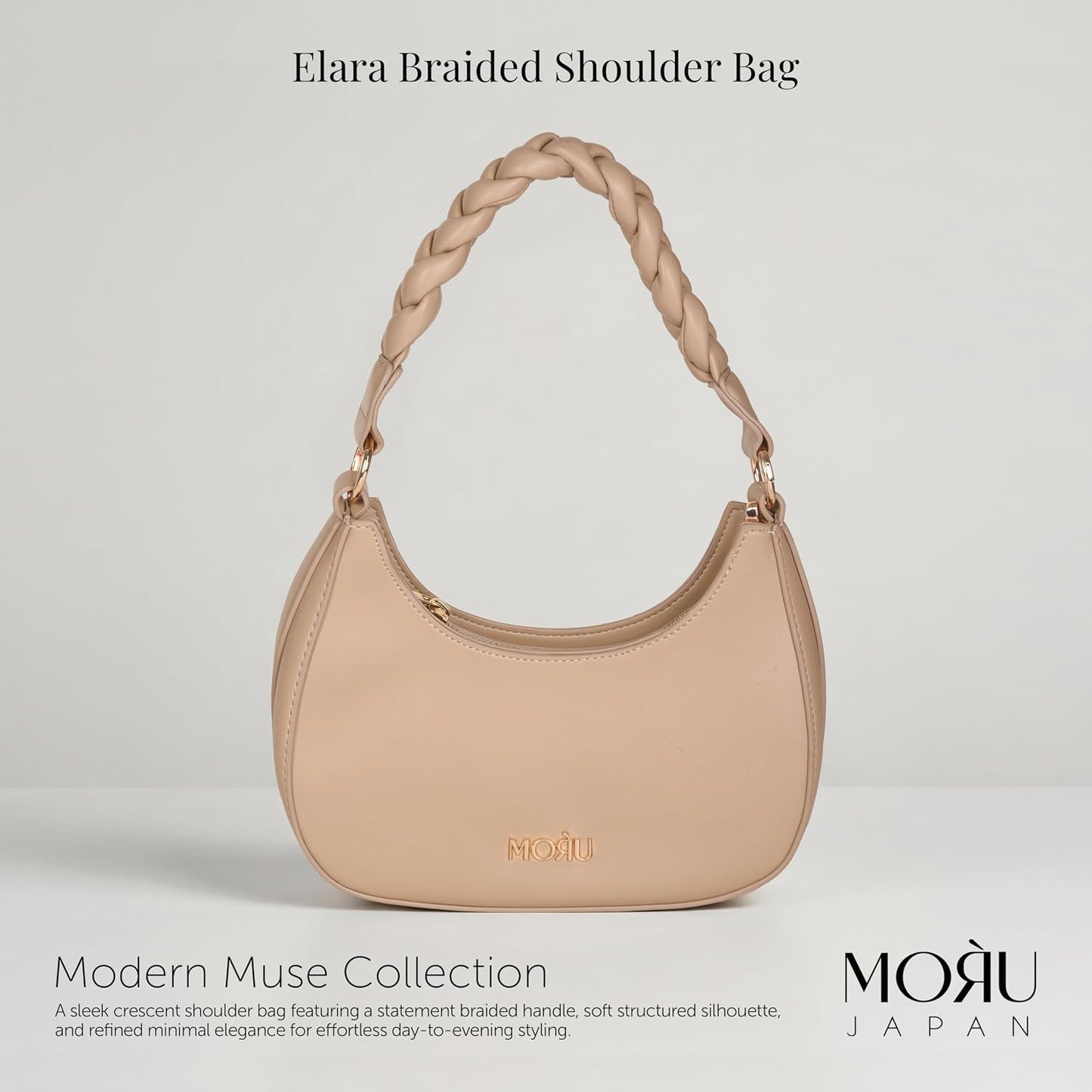 MORU Elara Braided Crescent Shoulder Bag for Women | Stylish Half Moon Hobo Purse | Premium Vegan Leather Handbag with Zipper Closure | Nude Beige