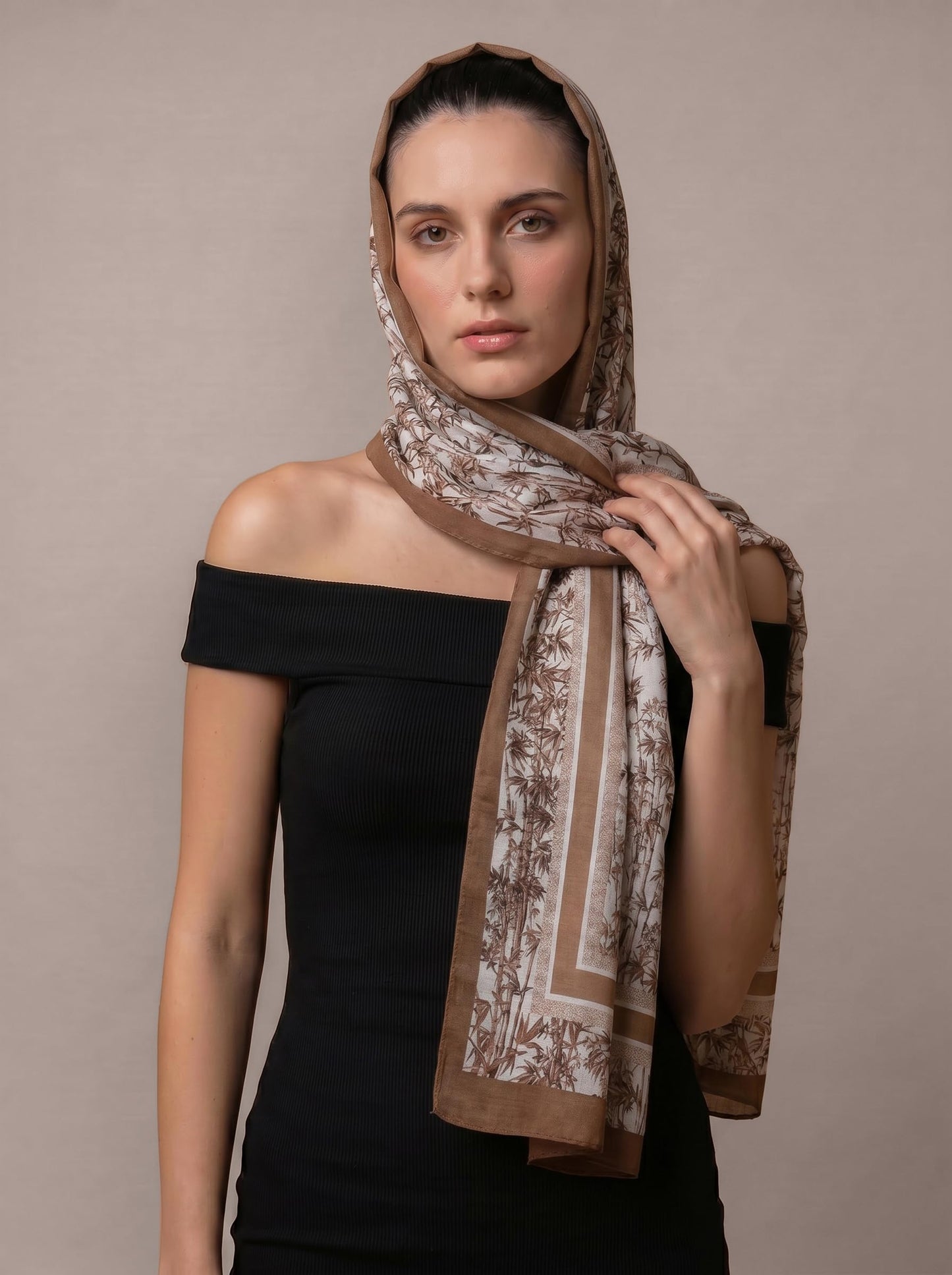 MORU Kyoto Nature Line Women’s Bamboo Print Scarf | Soft Lightweight Beige & Ivory Japanese Inspired Stole | Elegant Minimalist Fashion Wrap for All Seasons