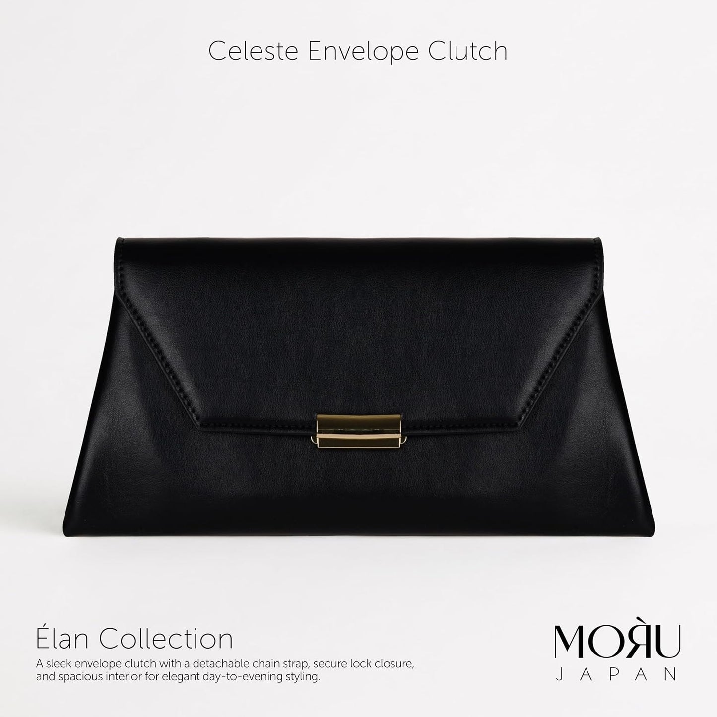 MORU Clutch for Women | Black Envelope Clutch Purse with Detachable Chain Strap | Premium PU Leather Evening Party Sling Bag | Magnetic Closure | Wedding, Formal & Occasion Handbag