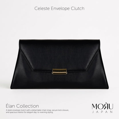 MORU Clutch for Women | Black Envelope Clutch Purse with Detachable Chain Strap | Premium PU Leather Evening Party Sling Bag | Magnetic Closure | Wedding, Formal & Occasion Handbag