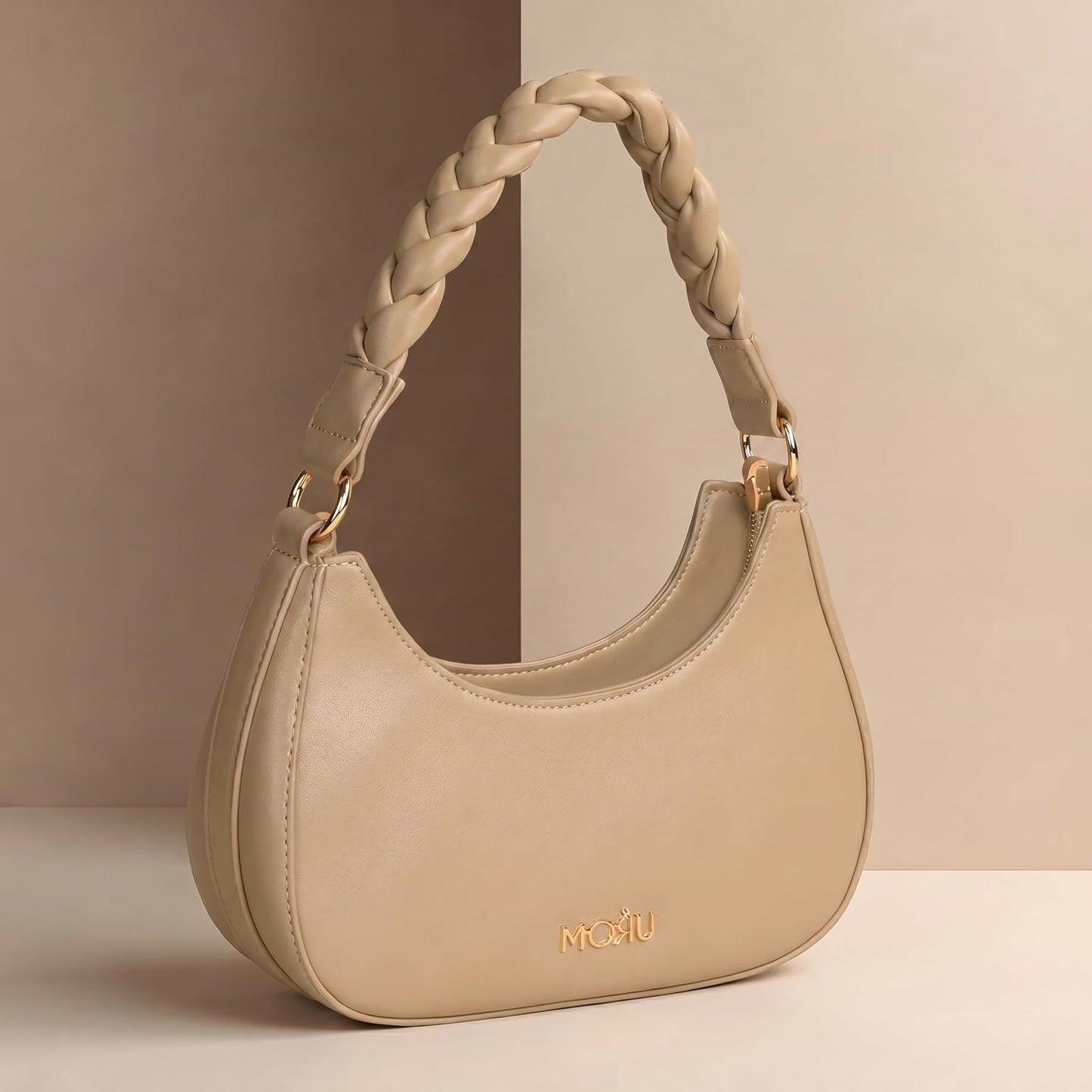MORU Elara Braided Crescent Shoulder Bag for Women | Stylish Half Moon Hobo Purse | Premium Vegan Leather Handbag with Zipper Closure | Nude Beige