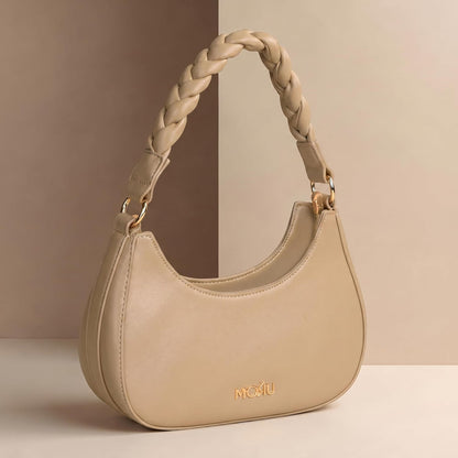 MORU Elara Braided Crescent Shoulder Bag for Women | Stylish Half Moon Hobo Purse | Premium Vegan Leather Handbag with Zipper Closure | Nude Beige
