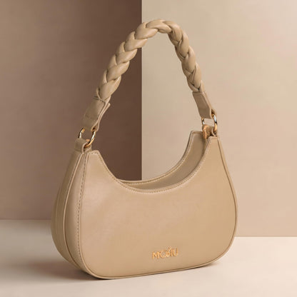 MORU Elara Braided Crescent Shoulder Bag for Women | Stylish Half Moon Hobo Purse | Premium Vegan Leather Handbag with Zipper Closure