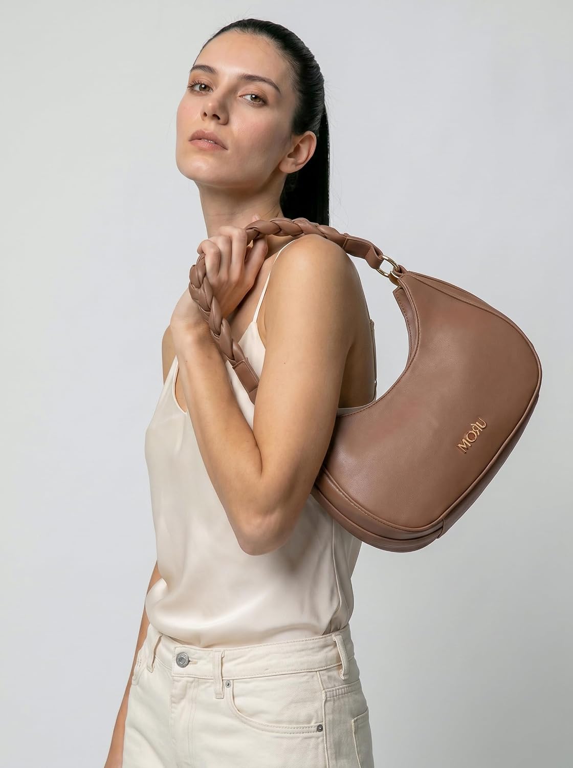 MORU Elara Braided Crescent Shoulder Bag for Women | Stylish Half Moon Hobo Purse | Premium Vegan Leather Handbag with Zipper Closure | Mocha Brown