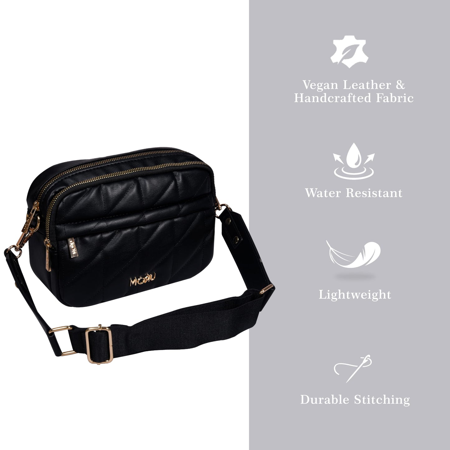 MORU Kuro Quilted Crossbody Bag for Women | Premium Vegan Leather Sling Bag with Adjustable Strap | Lightweight, Water-Resistant | Everyday Office & Travel Use