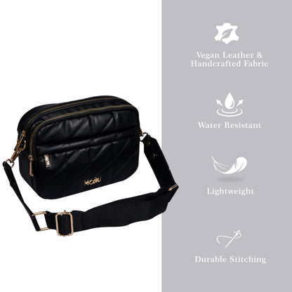 MORU Kuro Quilted Crossbody Bag for Women | Premium Vegan Leather Sling Bag with Adjustable Strap | Lightweight, Water-Resistant | Everyday Office & Travel Use