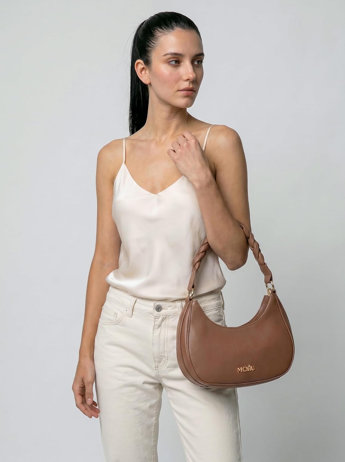 MORU Elara Braided Crescent Shoulder Bag for Women | Stylish Half Moon Hobo Purse | Premium Vegan Leather Handbag with Zipper Closure | Mocha Brown