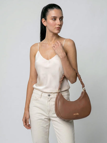 MORU Elara Braided Crescent Shoulder Bag for Women | Stylish Half Moon Hobo Purse | Premium Vegan Leather Handbag with Zipper Closure | Mocha Brown