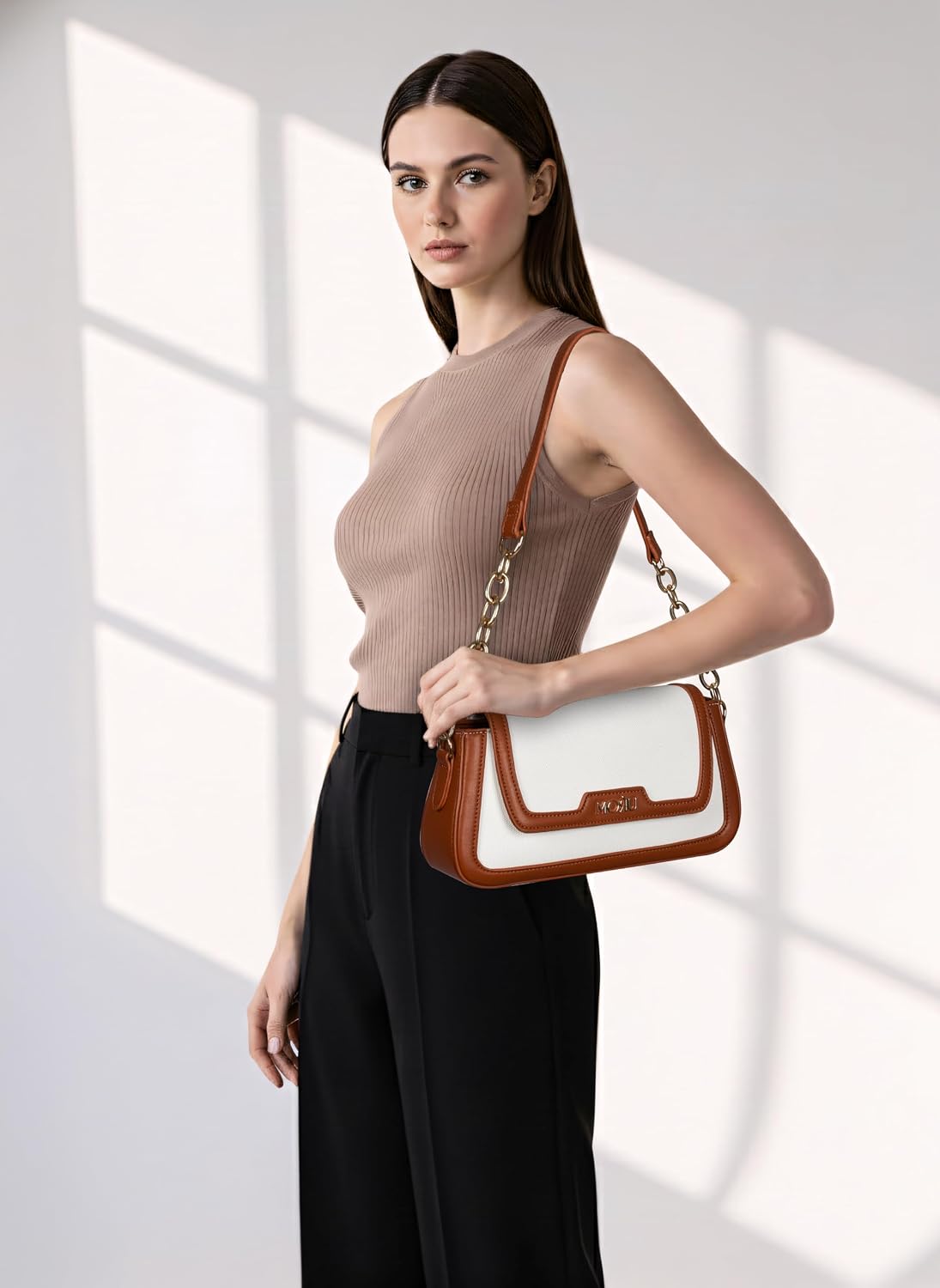 MORU Women’s Café Classic Shoulder Bag | Ivory & Tan Sling with Gold Chain | Vegan Leather, Lightweight & Water Resistant | Elegant Underarm Crossbody Purse for Casual