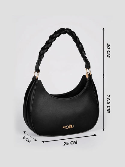 MORU Elara Braided Crescent Shoulder Bag for Women | Stylish Half Moon Hobo Purse | Premium Vegan Leather Handbag with Zipper Closure | Black