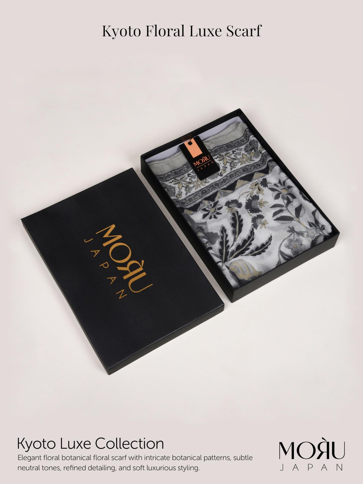 MORU Kyoto Luxe Women’s Floral Luxe Scarf | Soft Lightweight Ivory & Grey Floral Printed Stole | Elegant Premium Fashion Wrap for All Seasons
