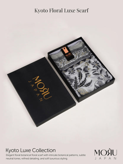 MORU Kyoto Luxe Women’s Floral Luxe Scarf | Soft Lightweight Ivory & Grey Floral Printed Stole | Elegant Premium Fashion Wrap for All Seasons